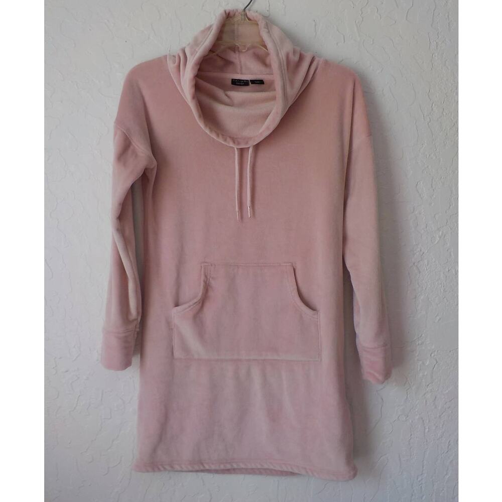 Tahari Sleepwear Women XS Pink Soft Velour Top Dress Pullover Cowl Neck Pocket